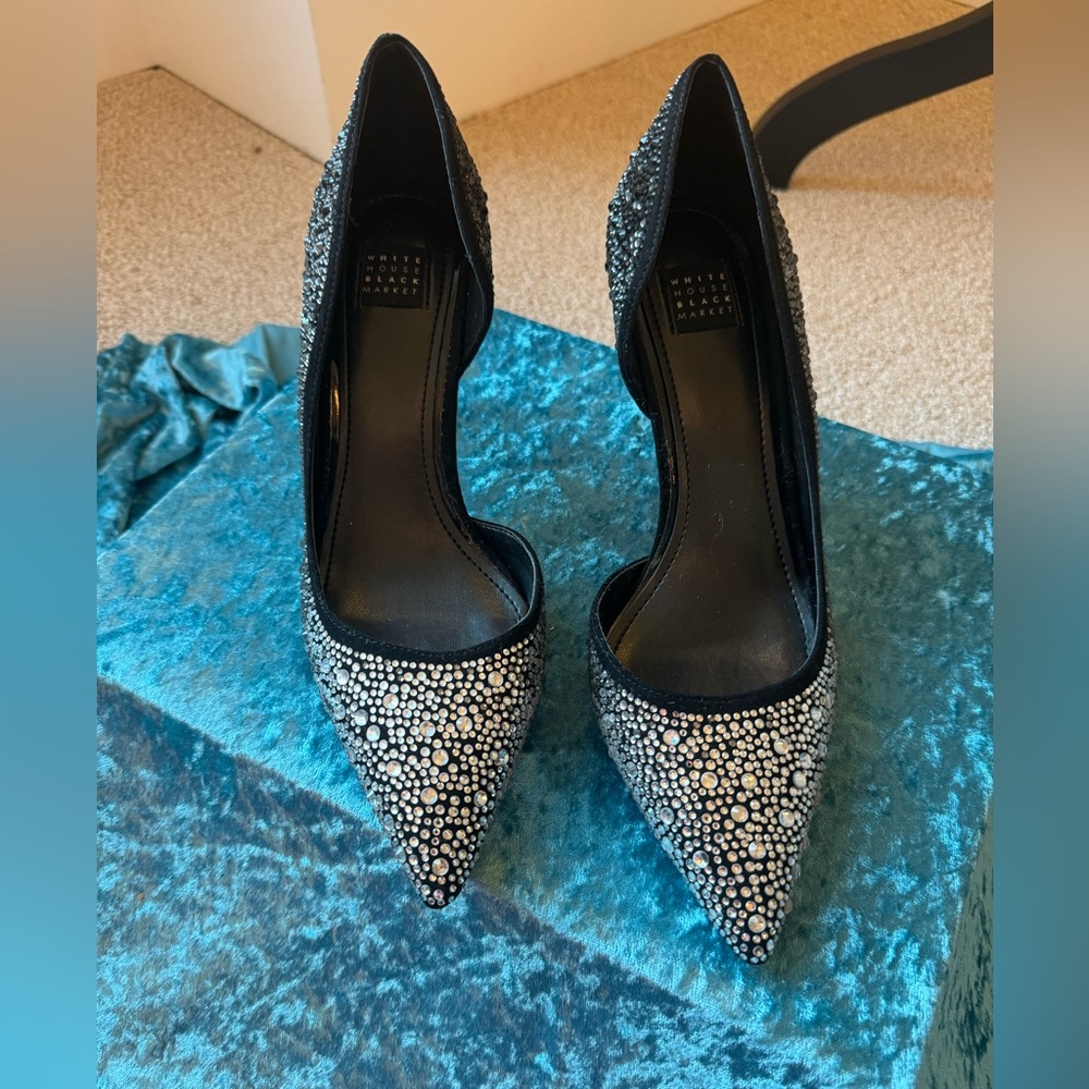 Like NEW WHBM stunning black and silver crystal heels. Size 7. Worn one time.
